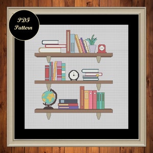 Cross stitch pattern of bookshelf with books and clock instant download pdf document
