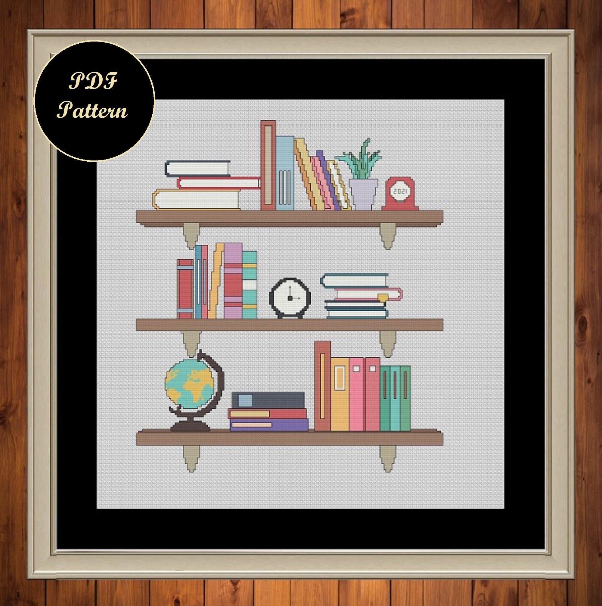 Cross Stitch Pattern of Bookshelf With Books and Clock Instant Etsy UK