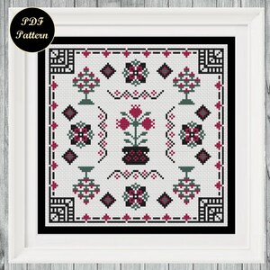 Cross Stitch Primitive Floral Sampler Instant Download PDF Pattern
