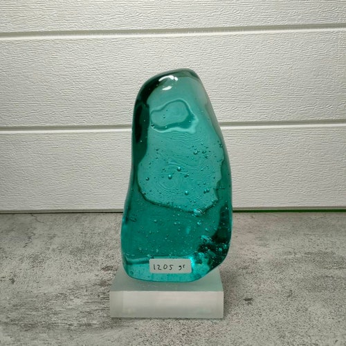 Natural Polished andara crystal shops dark aqua blue bubble 1205gr with base for decoration or collection
