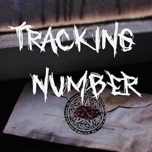 May include: A white envelope with the words "TRACKING NUMBER" written in a bold, stylized font. The envelope has a circular seal with a five-pointed star and the letters "N" and "M" inside.