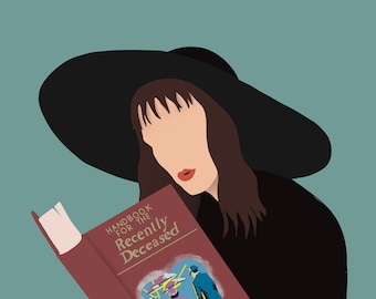 May include: Illustration of a person wearing a large black hat, reading a book titled "Handbook for the Recently Deceased." The book has a red cover and the person has brown hair and red lipstick. The background is a solid teal color.