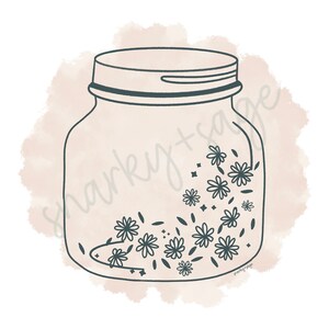 May include: A digital illustration of a mason jar with a dark teal outline. The jar is filled with small, stylized flowers and leaves. A light peach-colored watercolor wash is behind the jar.