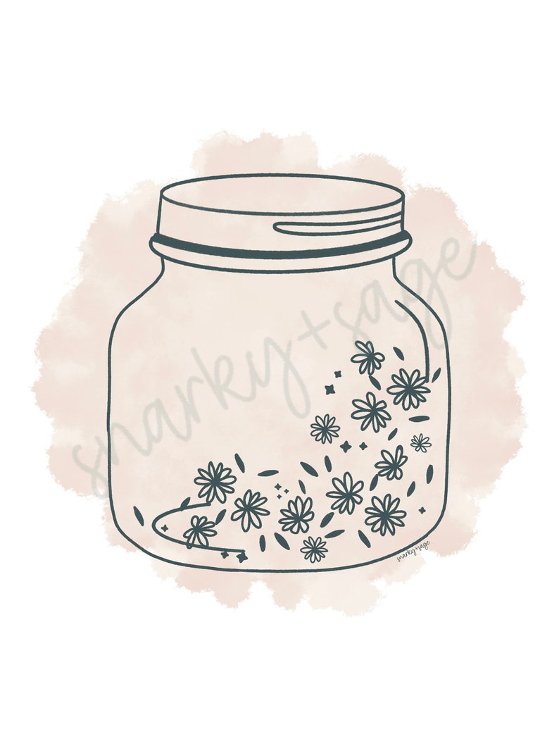 May include: A digital illustration of a mason jar with a dark teal outline. The jar is filled with small, stylized flowers and leaves. A light peach-colored watercolor wash is behind the jar.