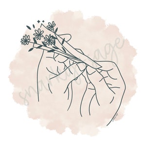May include: A minimalist line art illustration of hands holding a small bouquet of flowers. The hands and flowers are in dark teal against a soft, watercolor-style peach background. The artwork has a delicate and serene aesthetic.
