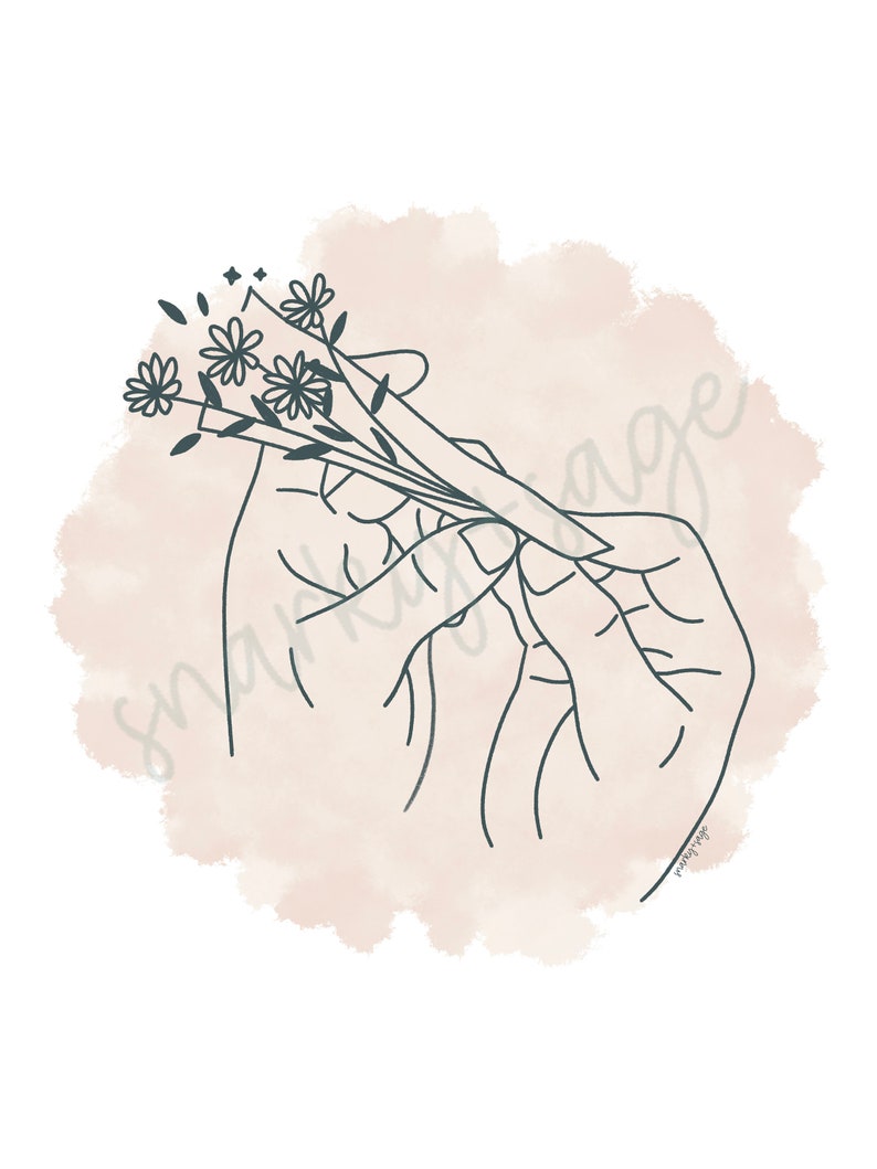 May include: A minimalist line art illustration of hands holding a small bouquet of flowers. The hands and flowers are in dark teal against a soft, watercolor-style peach background. The artwork has a delicate and serene aesthetic.