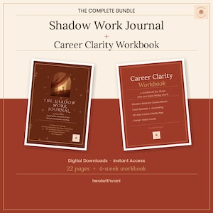 May include: A digital bundle featuring The Shadow Work Journal and Career Clarity Workbook. The journal cover is dark brown with an arched window illustration, while the workbook cover is rust red with white text listing contents and features.