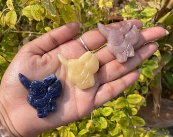 Eevee Inspired Crystal Carving – Cute Fox Gemstone Figurine – Hand Carved Pocket Monster Style Collectible – Anime Fan Gift