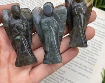 Natural 2" Inch Labradorite Crystal Guardian Peace Angel Carved Figurine , Pocket Angel used for Healing.