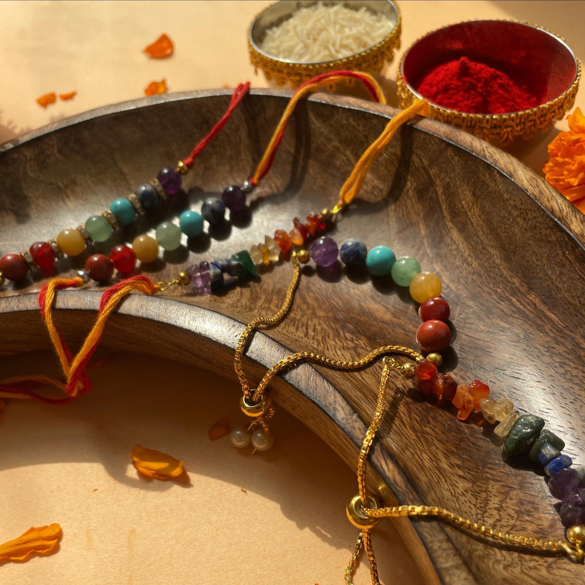 2 Pcs Pendant Rakhi Set For Brother & Bhabhi – Handmade Beaded Silk Thread With Zircon Crystals & Pearls