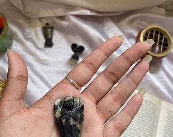Natural 2" Inch Pyrite Crystal Guardian Peace Angel Carved Figurine , Pocket Angel used for Healing.