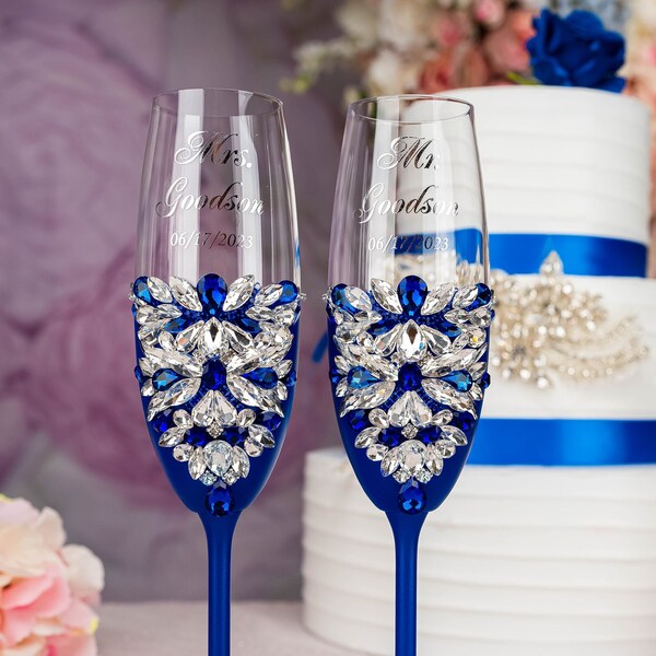 Royal blue wedding glasses, royal blue silver wedding flutes, royal blue wedding decorations, royal blue silver centerpieces, royal wedding