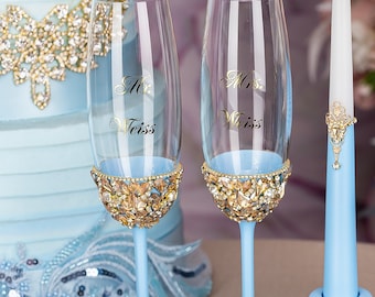 Dusty blue gold wedding champagne glasses, baby blue gold wedding cake server set, light blue gold wedding flutes, blue princess wedding