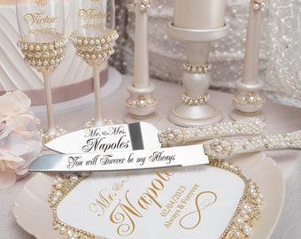 pearl wedding, gold pearled wedding glasses and cake knife set, champagne gold pearl flutes, wedding cake plate forks, pearl wedding theme