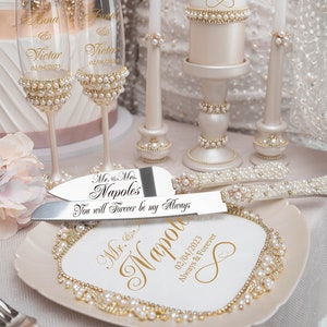 pearl wedding, gold pearled wedding glasses and cake knife set, champagne gold pearl flutes, wedding cake plate forks, pearl wedding theme