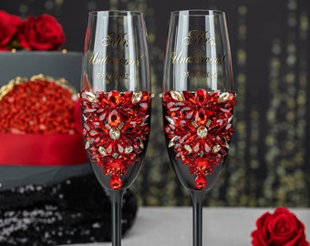 Red Black Wedding Champagne Glasses, Gold Black Red Wedding  display picture 1