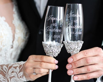 silver wedding glasses for bride and groom, engraved wedding champagne flute set, bling wedding toast