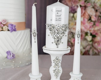 White silver unity candle set, unity ceremony alternative, silver white wedding decor, white silver wedding set, candle set