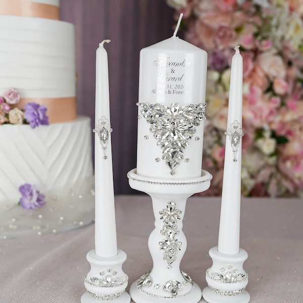 White silver unity candle set, unity ceremony alternative, silver white wedding decor, white silver wedding set, candle set