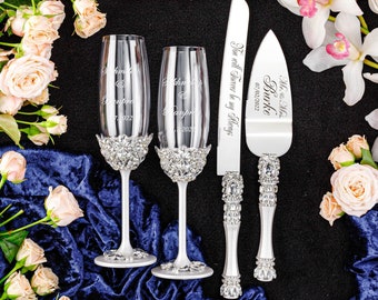 wedding glasses and cake knife set, wedding flutes, wedding cake plate with forks