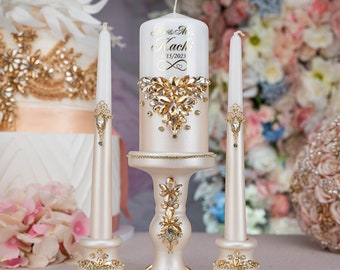 Champagne Gold Personalized Wedding Unity Candle Set: Ivory Ceremony Alternative