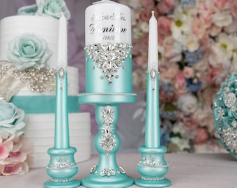 turquoise unity candle set, turquoise wedding decor, mint green candles, ocean wedding unity set, aquamarine wedding, pastel green candles