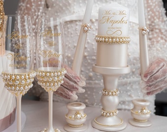 Ivory Pearl Wedding Unity Candle Set: Golden Champagne Ceremony