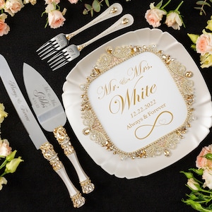 gold wedding cake cutting set, gold wedding cake server, gold wedding cake knife set serv+knif+plate+fork