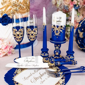 Royal blue gold wedding cake cutting set gold Royal blue wedding flutes, Royal blue gold wedding glasses