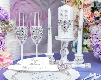 White lavander wedding cake server set, white lilac wedding cahmpagne flutes, white purple personalized glasses and cake cutting