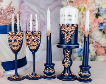 Navy blue rose gold  wedding unity candle set, rose gold navy blue wedding candles, Navy blue rose gold wedding decor, navy unity ceremony