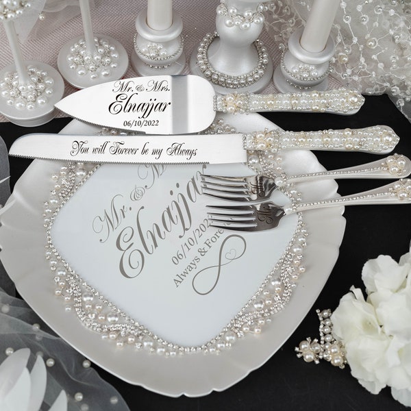pearl wedding, pearl wedding glasses and cake knife set, pearl flutes, wedding cake plate with forks, pearl wedding theme