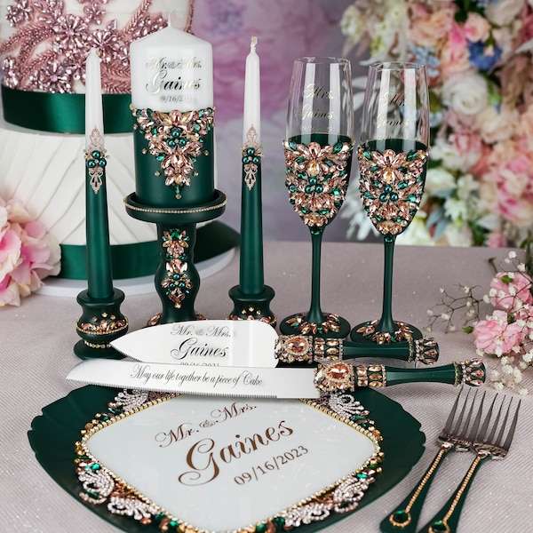 Green rose gold weddingdecorations, rose gold Emerald green wedding cake cutting set, green rose gold wedding flutes
