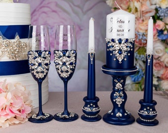 Navy blue silver wedding unity candles set, navy blue candles set, navy silver  wedding decor, navy unity ceremony, navy blue candle