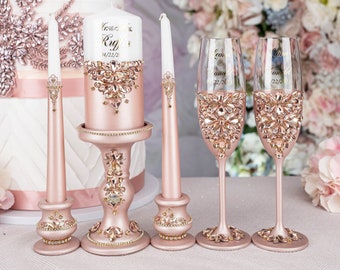 rose gold wedding flutes for bride and groom, rose gold wedding cake plate,  rose gold wedding glasses