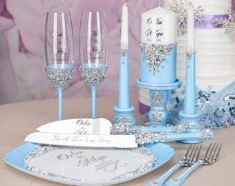 Dusty blue silver wedding cake cutting set, baby blue silver wedding cake server set,  baby blue silver wedding, blue princess wedding