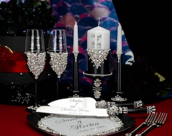 black  silver wedding decor gothic wedding, black white cake cutting set,  black silver wedding glasses