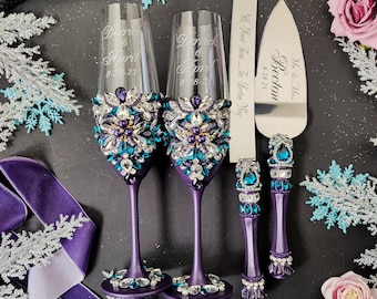 peacock wedding cake cutting, purple teal wedding cake server set, engraved teal purple wedding cake cutting set