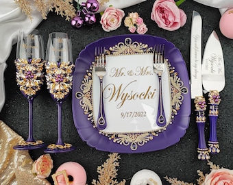 Purple gold wedding decorations, plum gold wedding cake cutting set, eggplant gold wedding glasses, amethyst wedidng