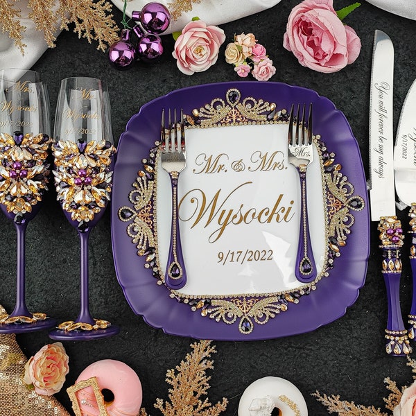 Purple gold wedding decorations, plum gold wedding cake cutting set, eggplant gold wedding glasses, amethyst wedidng