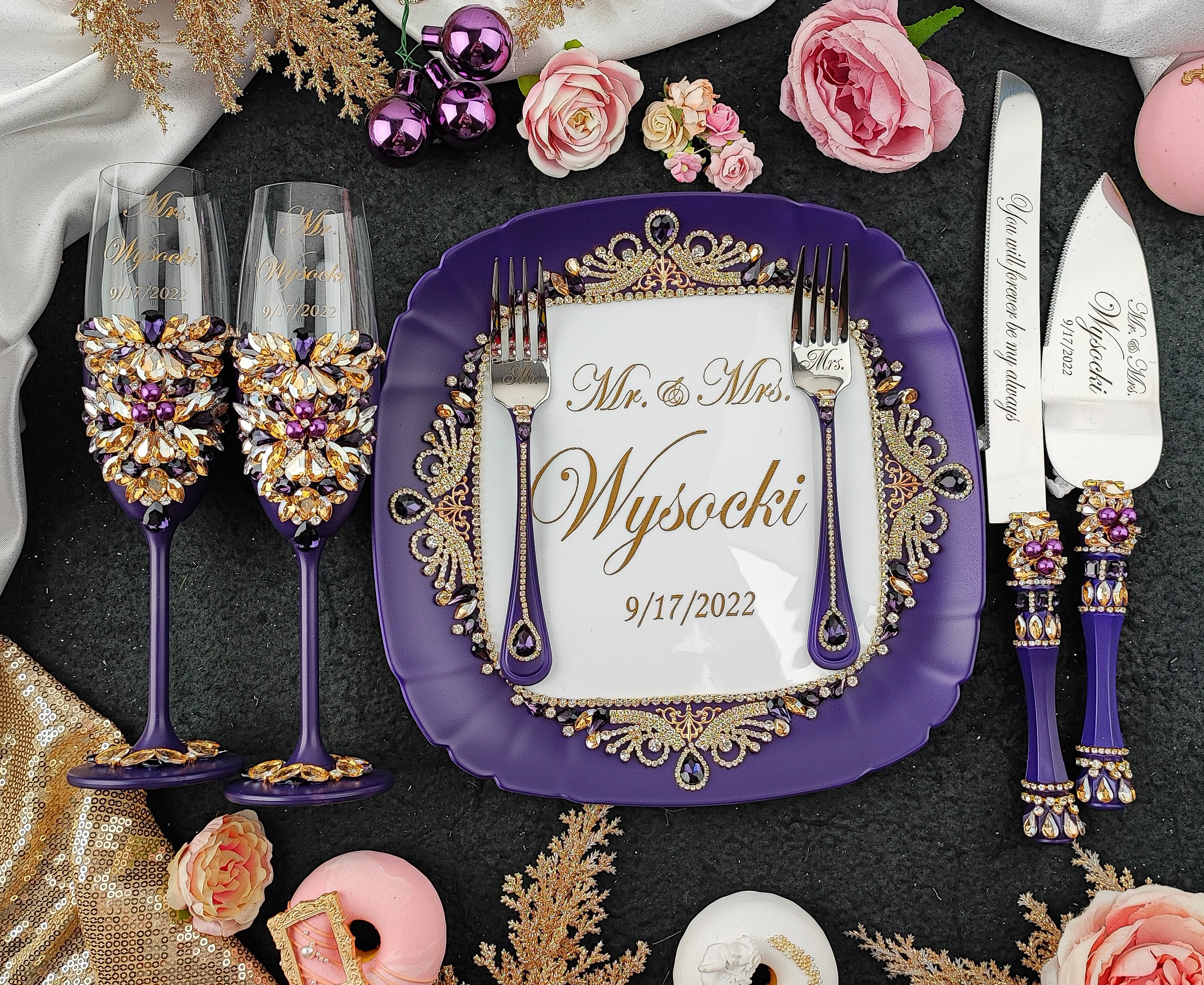 Decoraciones de boda en oro morado, juego de corte de pastel de boda en oro  ciruela, copas de boda en oro berenjena, copas de boda en amatista - Etsy  México, image size:3000x2455