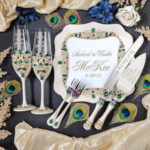 Peacock wedding, Peacock  wedding cake cutting set, Peacock  wedding glasses