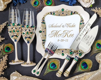 Peacock wedding, Peacock  wedding cake cutting set, Peacock  wedding glasses