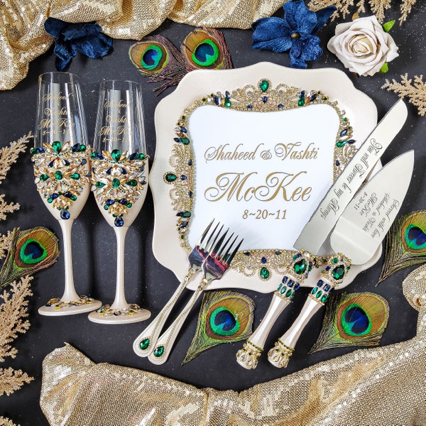 Peacock wedding, Peacock  wedding cake cutting set, Peacock  wedding glasses