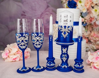 Royal blue unity candle set, royal blue silver candles, wedding decorations, royal blue wedding unity ceremony, royal blue wedding glasses