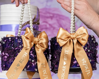Personalized Purple Flower Girl Basket: Plum & Gold Wedding Decor