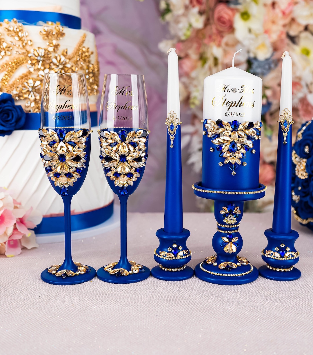 Royal Blue Gold Wedding Glasses, Champagne Glasses, Royal Blue