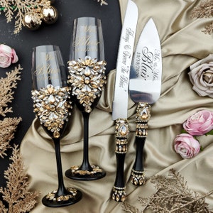 black wedding glasses, black wedding flutes, black wedding toast set