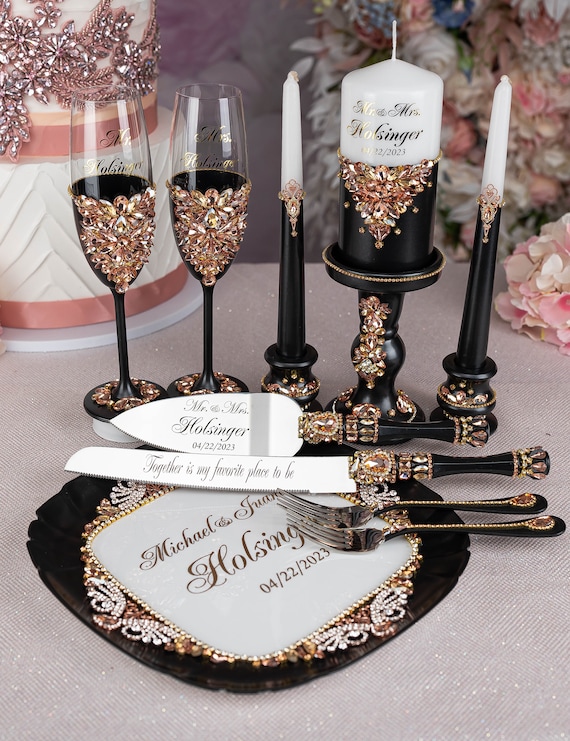 Black & Gold Wedding Cake Knife & Cake Server Set - 2 Pc.