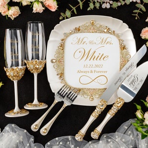 gold wedding cake cutting set, gold wedding cake server, gold wedding cake knife set set of 7 with plate